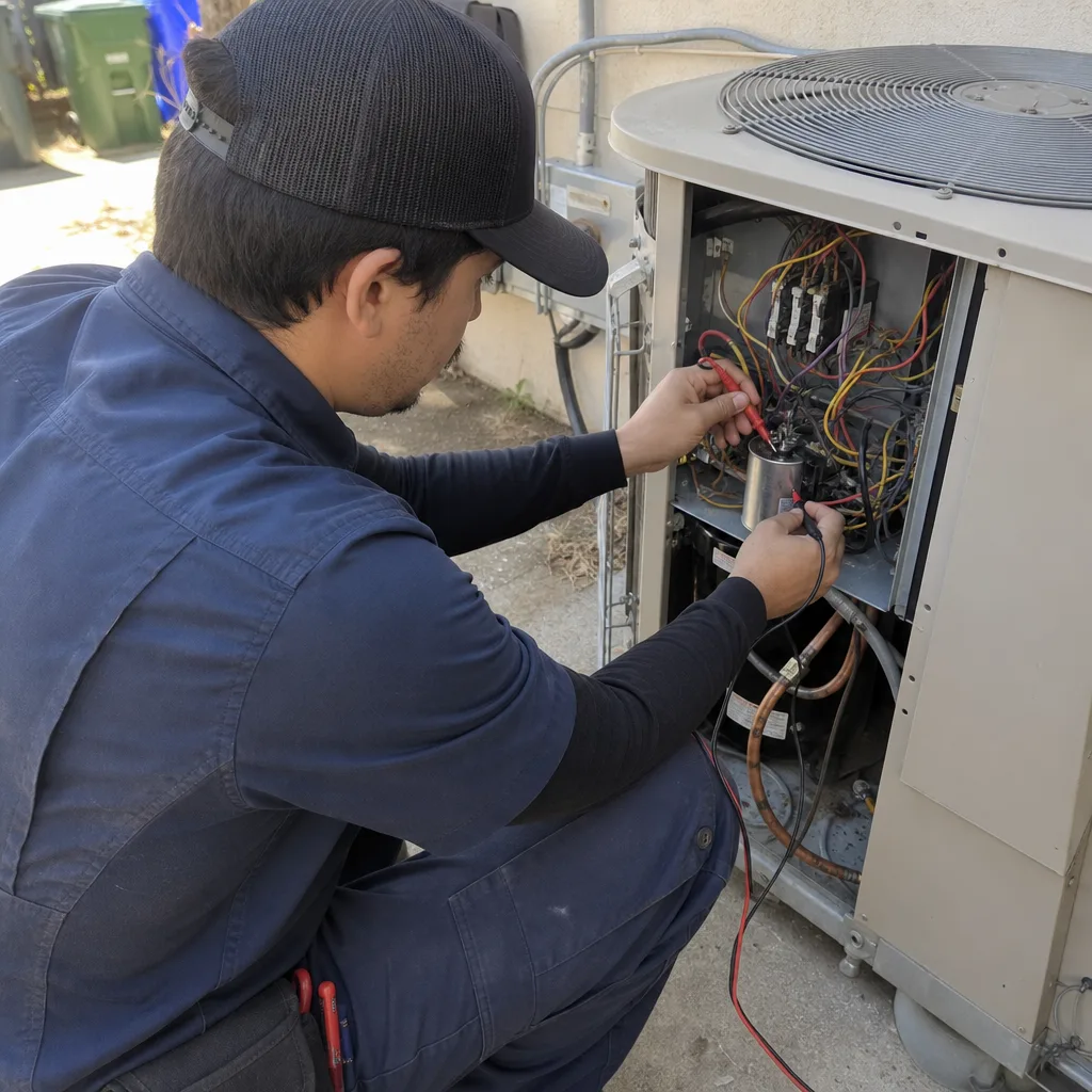 Technician using a multimeter to perform professional residential AC repair services