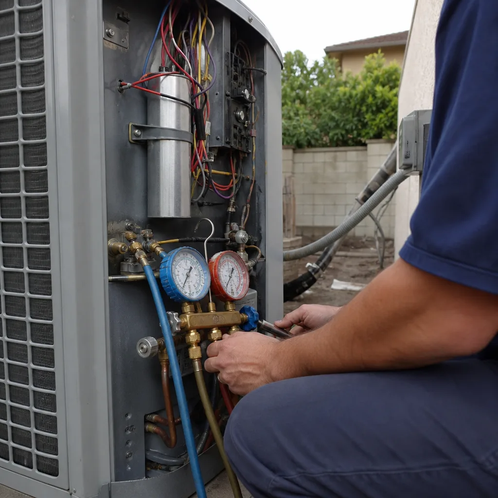 HVAC technician performing AC repair with pressure gauges on outdoor unit
