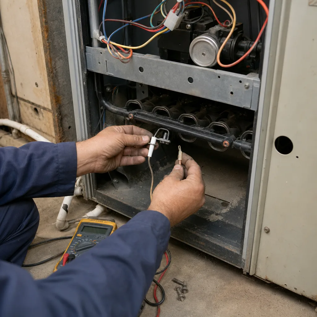 HVAC technician performing furnace repair and diagnostic testing on heating system