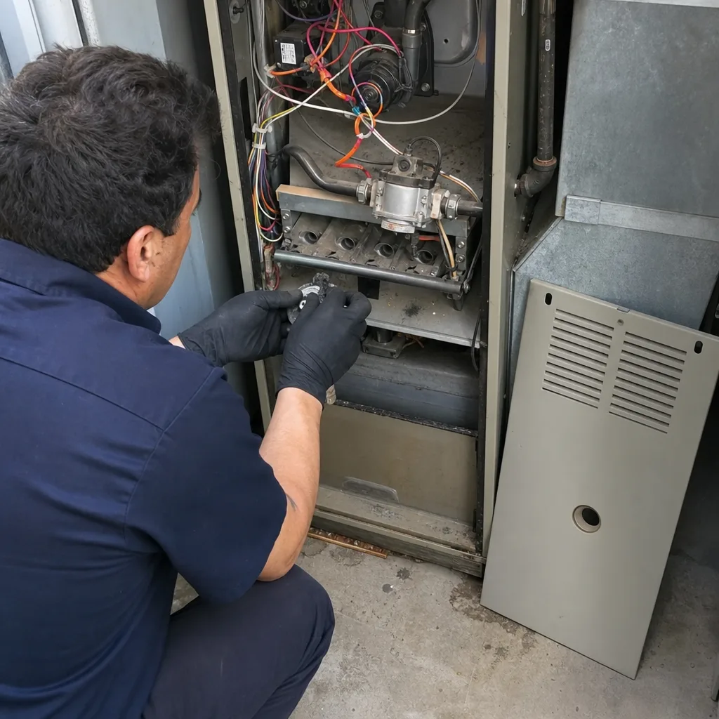 HVAC technician performing furnace repair and maintenance on a residential heating system